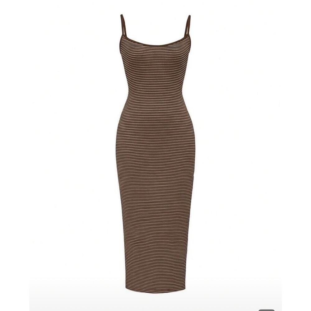 Revolve Brown Cream Striped Midi Dress 8/10 + Gold Leather Cuff Boho Vacation - Picture 4 of 8